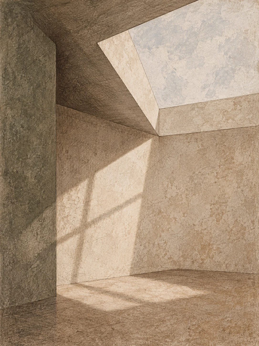 A skylight over a bare room in sand, taupe, olive, cream; portrait artwork.