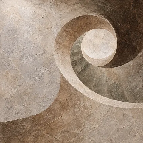 A spiral stair seen from below in sand, olive, taupe, stone; square artwork.