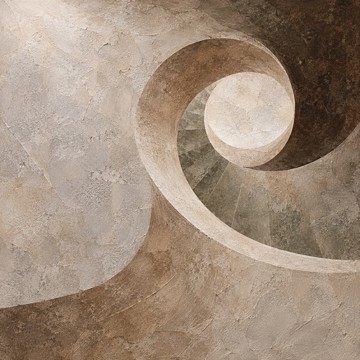 A spiral stair seen from below in sand, olive, taupe, stone; square artwork.