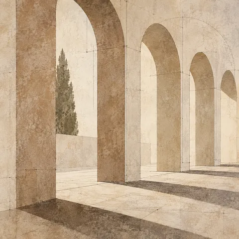 A colonnade in raking light in stone, cream, taupe, sage; square artwork.