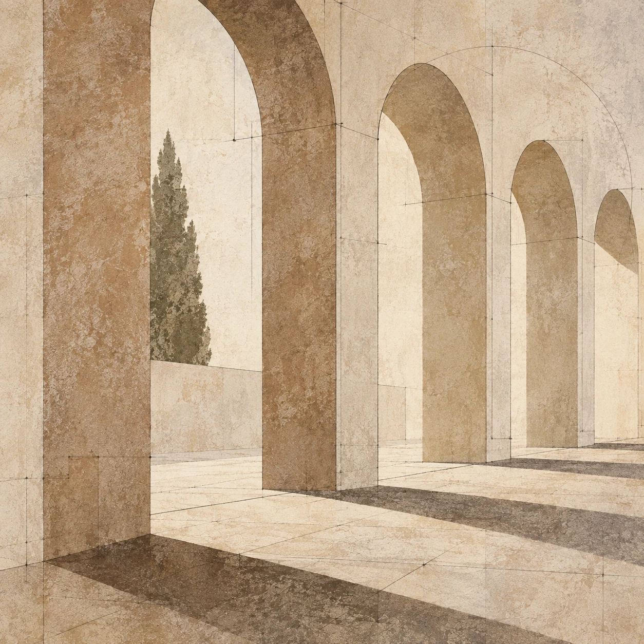 A colonnade in raking light in stone, cream, taupe, sage; square artwork.