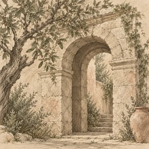 An arched doorway in a thick wall in stone, taupe, sand, sage; square artwork.