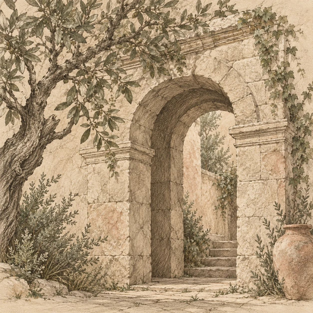 An arched doorway in a thick wall in stone, taupe, sand, sage; square artwork.