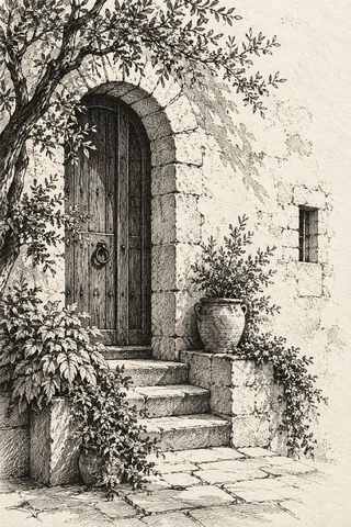 An arched doorway in a thick wall in charcoal, cream, white, taupe; portrait artwork.