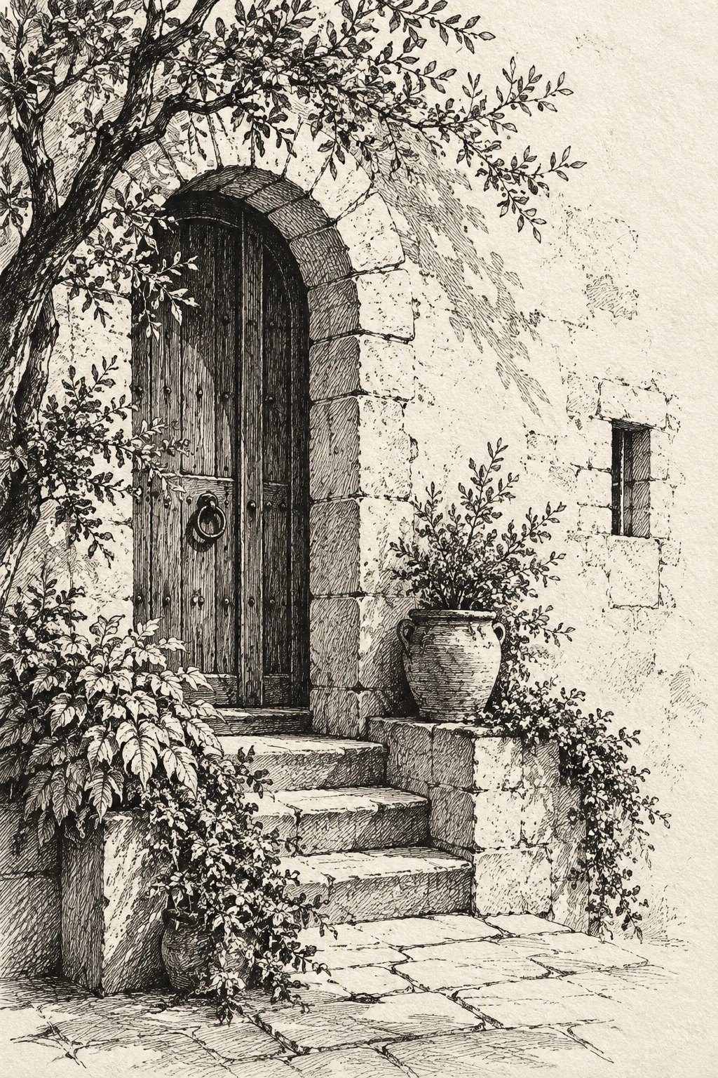 An arched doorway in a thick wall in charcoal, cream, white, taupe; portrait artwork.