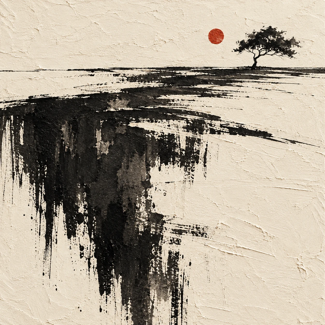 A courtyard with a single tree in cream, black, charcoal, gray; square artwork.