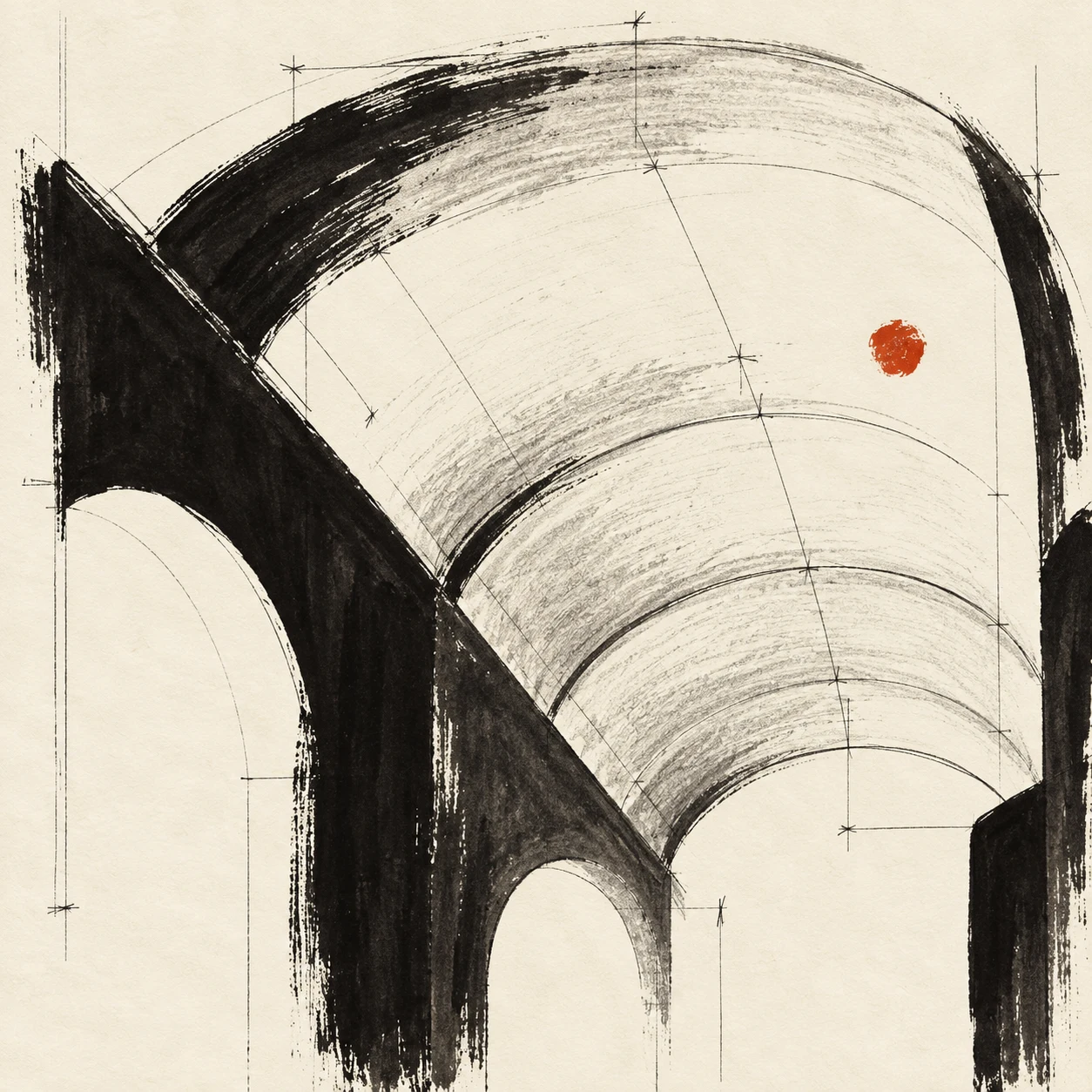 A barrel vault ceiling in white, cream, black, stone; square artwork.