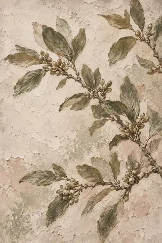 Muted green leafy branches with small pale buds against a textured cream ground.