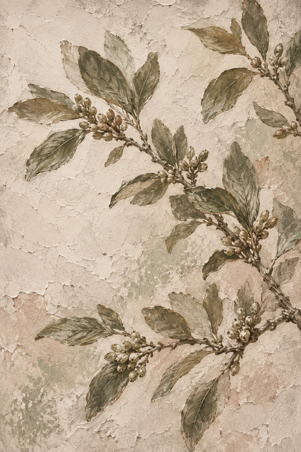 Muted green leafy branches with small pale buds against a textured cream ground.