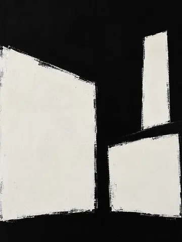 Three pale angular geometric planes against a black ground with rough painted edges.