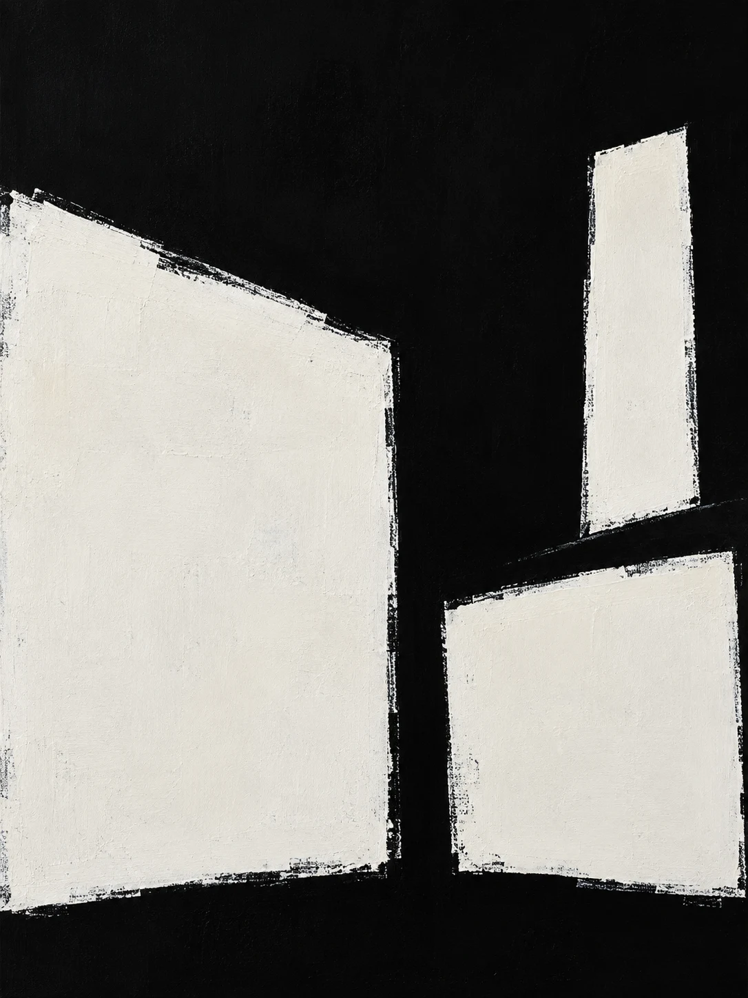 Three pale angular geometric planes against a black ground with rough painted edges.