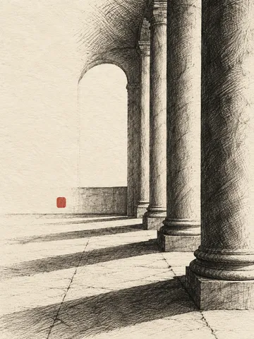 A colonnade in raking light in cream, charcoal, brown, taupe; portrait artwork.