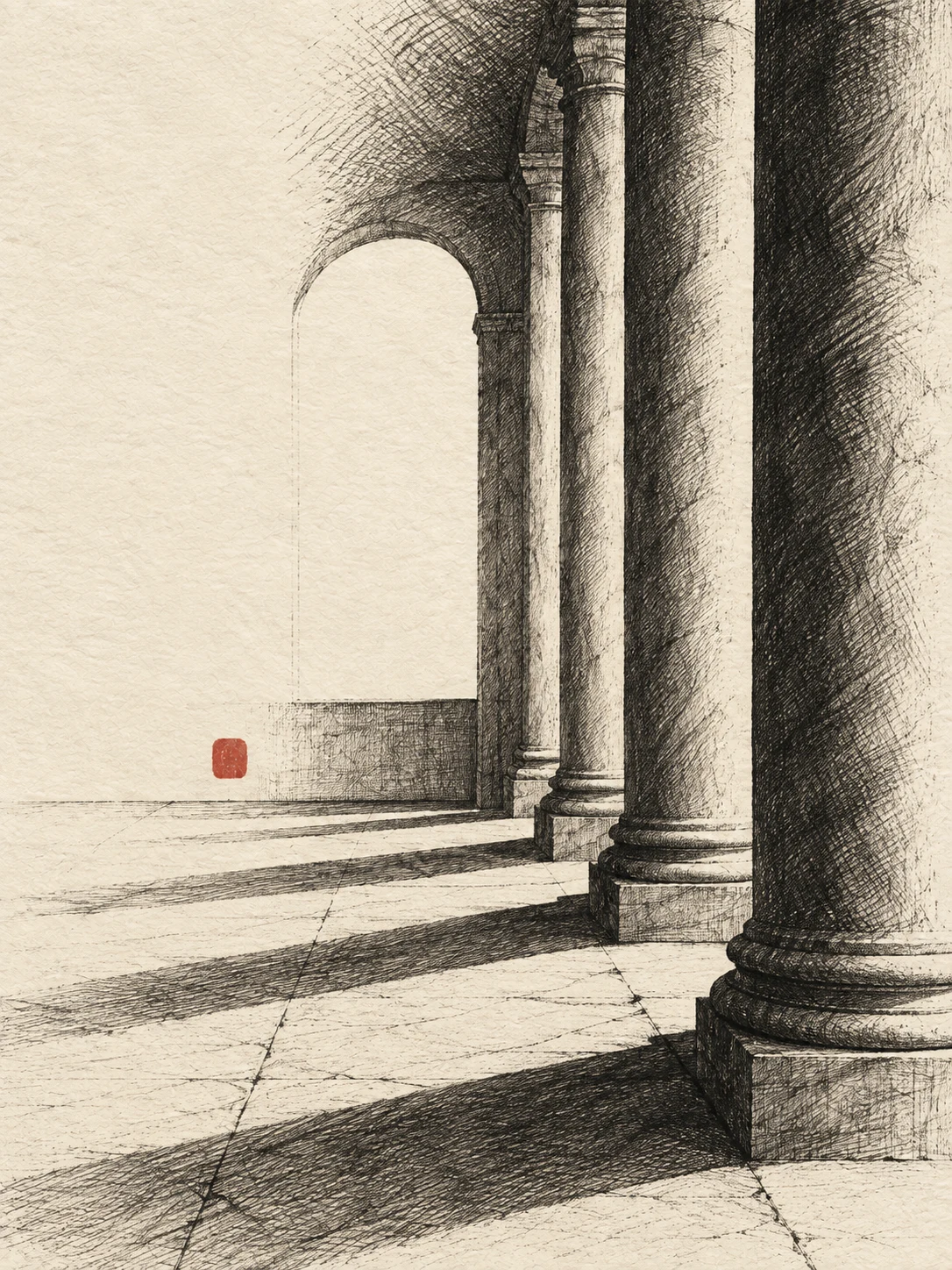 A colonnade in raking light in cream, charcoal, brown, taupe; portrait artwork.