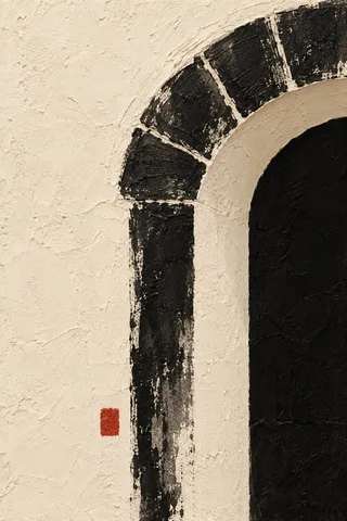 A segmental brick arch over a doorway in elevation in cream, black, charcoal, gray; portrait artwork.
