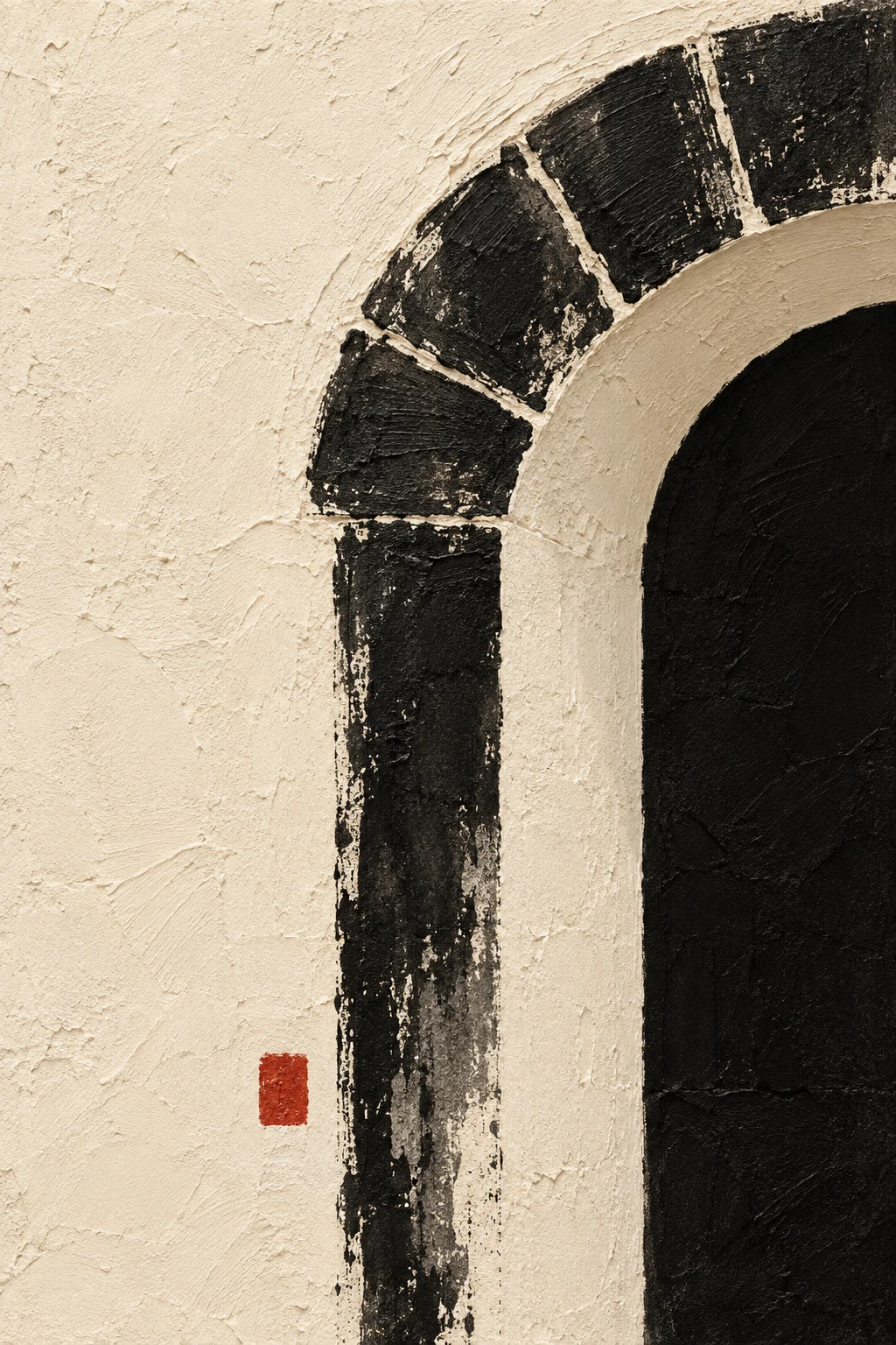 A segmental brick arch over a doorway in elevation in cream, black, charcoal, gray; portrait artwork.
