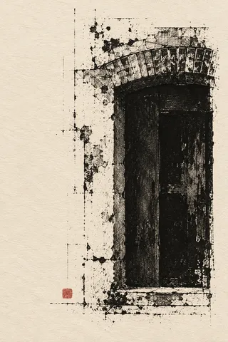 A segmental brick arch over a doorway in elevation in cream, black, charcoal, taupe; portrait artwork.