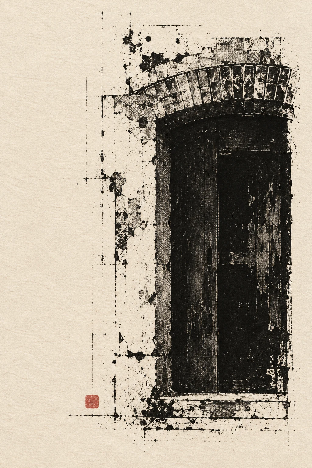 A segmental brick arch over a doorway in elevation in cream, black, charcoal, taupe; portrait artwork.