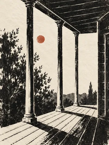 A porch with slender columns in cream, black, charcoal, gray; portrait artwork.