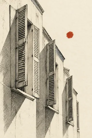 A row of tall shuttered windows in cream, gray, taupe, white; portrait artwork.