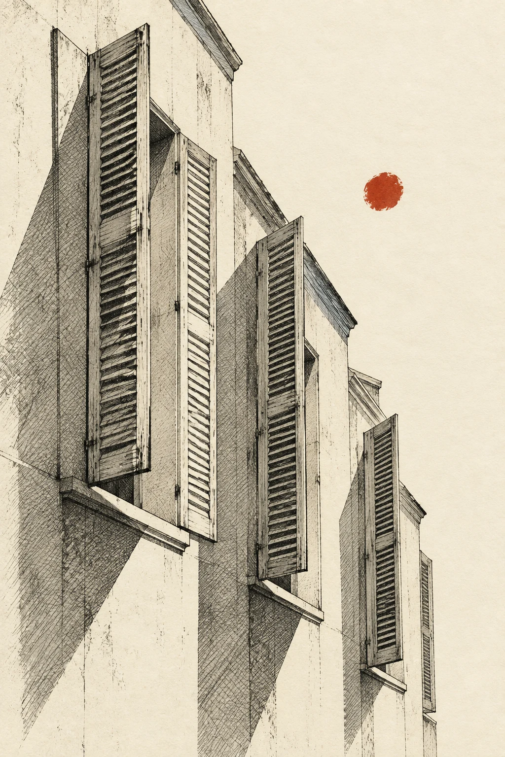 A row of tall shuttered windows in cream, gray, taupe, white; portrait artwork.