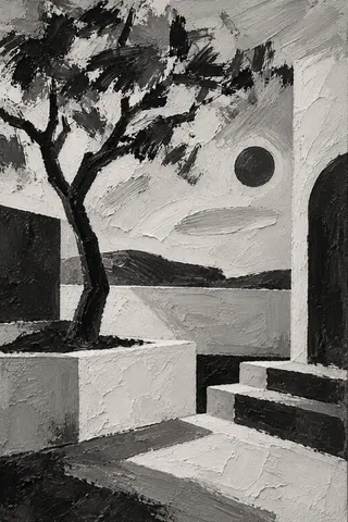A courtyard with a single tree in black, gray, stone, cream; portrait artwork.