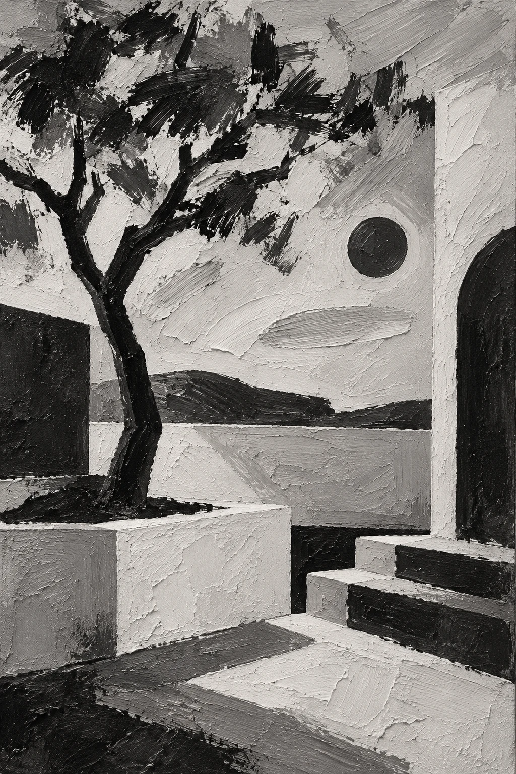 A courtyard with a single tree in black, gray, stone, cream; portrait artwork.