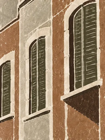 A row of tall shuttered windows in ochre, taupe, sand, brown; portrait artwork.
