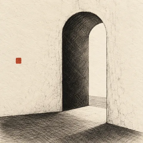 An arched doorway in a thick wall in cream, olive, charcoal, stone; square artwork.