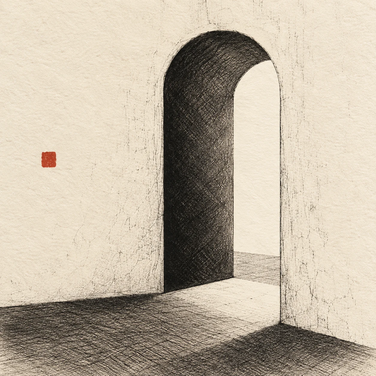 An arched doorway in a thick wall in cream, olive, charcoal, stone; square artwork.