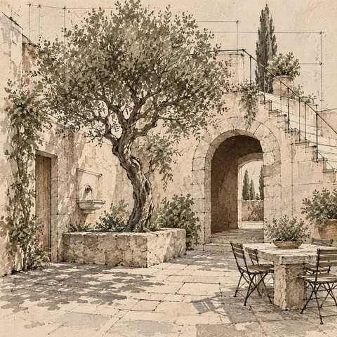 A courtyard with a single tree in stone, cream, olive, gray; square artwork.