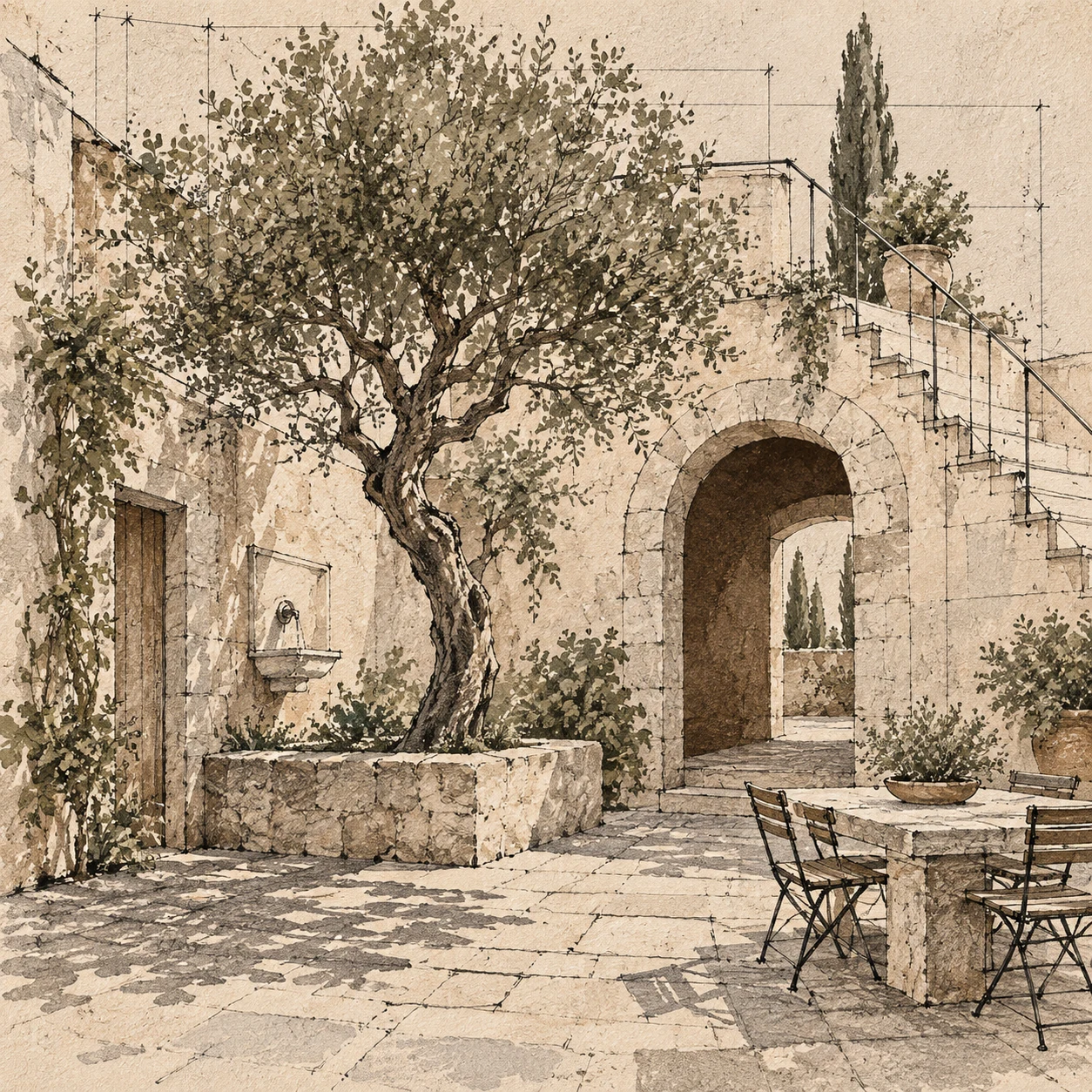 A courtyard with a single tree in stone, cream, olive, gray; square artwork.