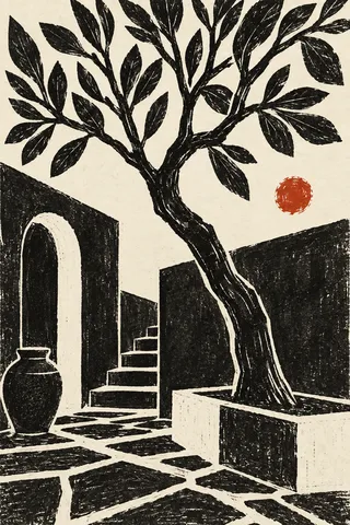 A courtyard with a single tree in black, cream, olive, charcoal; portrait artwork.