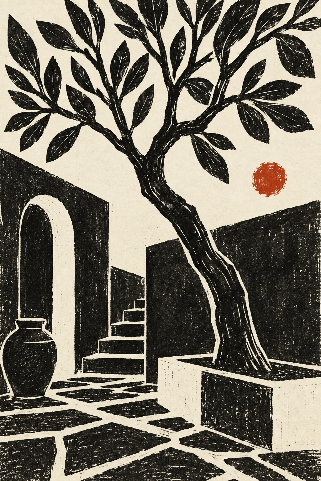 A courtyard with a single tree in black, cream, olive, charcoal; portrait artwork.