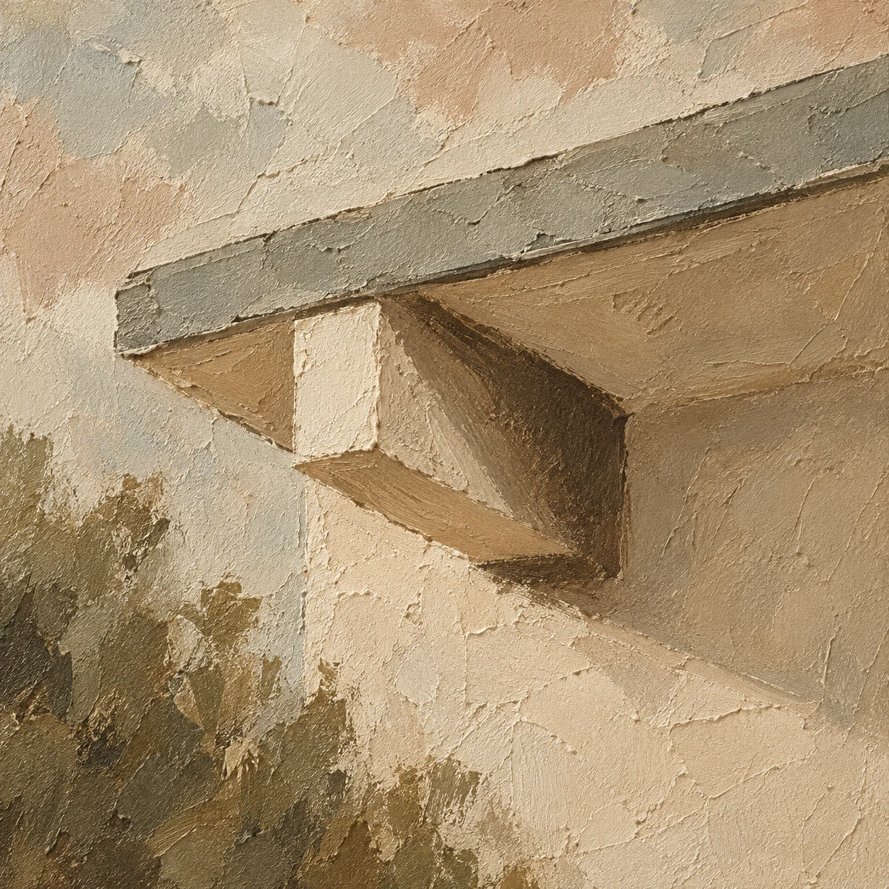 An exposed rafter tail and eave in stone, taupe, sand, sage; square artwork.