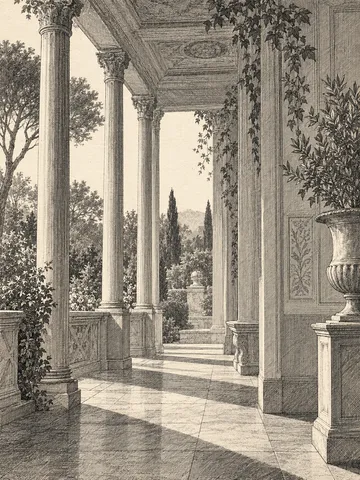 A porch with slender columns in gray, taupe, olive, cream; portrait artwork.