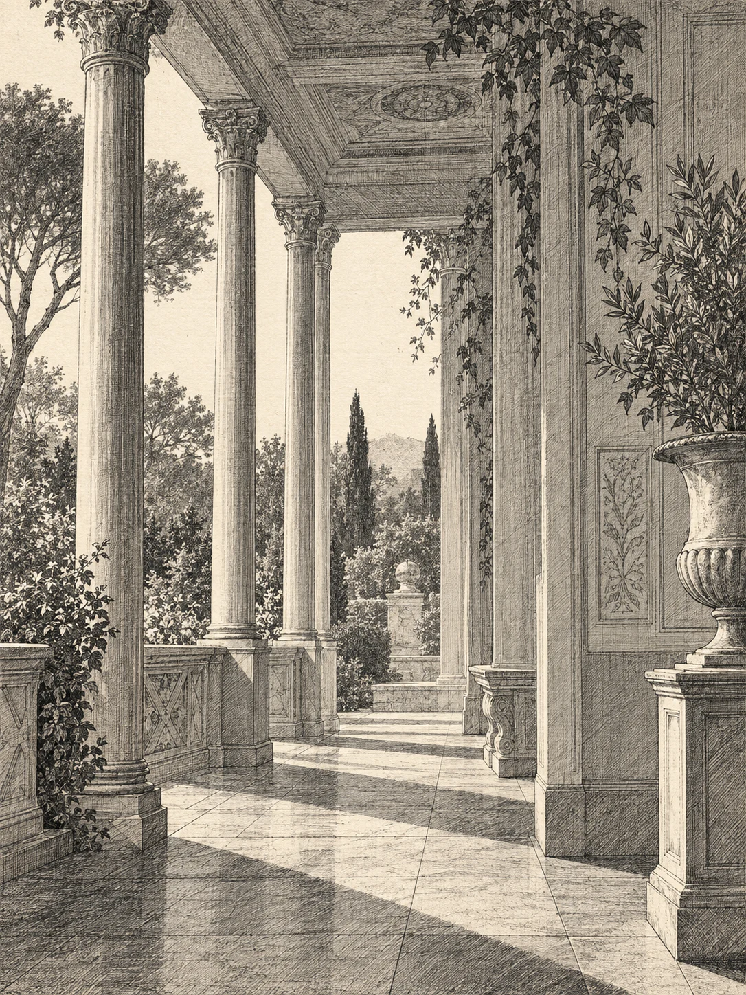 A porch with slender columns in gray, taupe, olive, cream; portrait artwork.