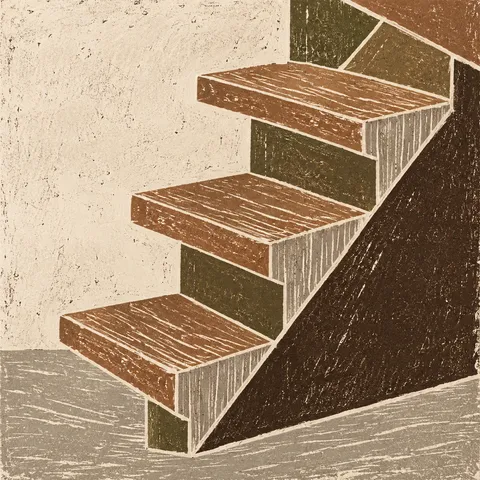 A timber stair stringer with three treads in cream, sand, burgundy, terracotta; square artwork.