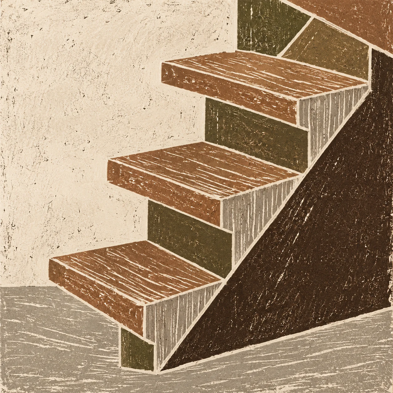 A timber stair stringer with three treads in cream, sand, burgundy, terracotta; square artwork.