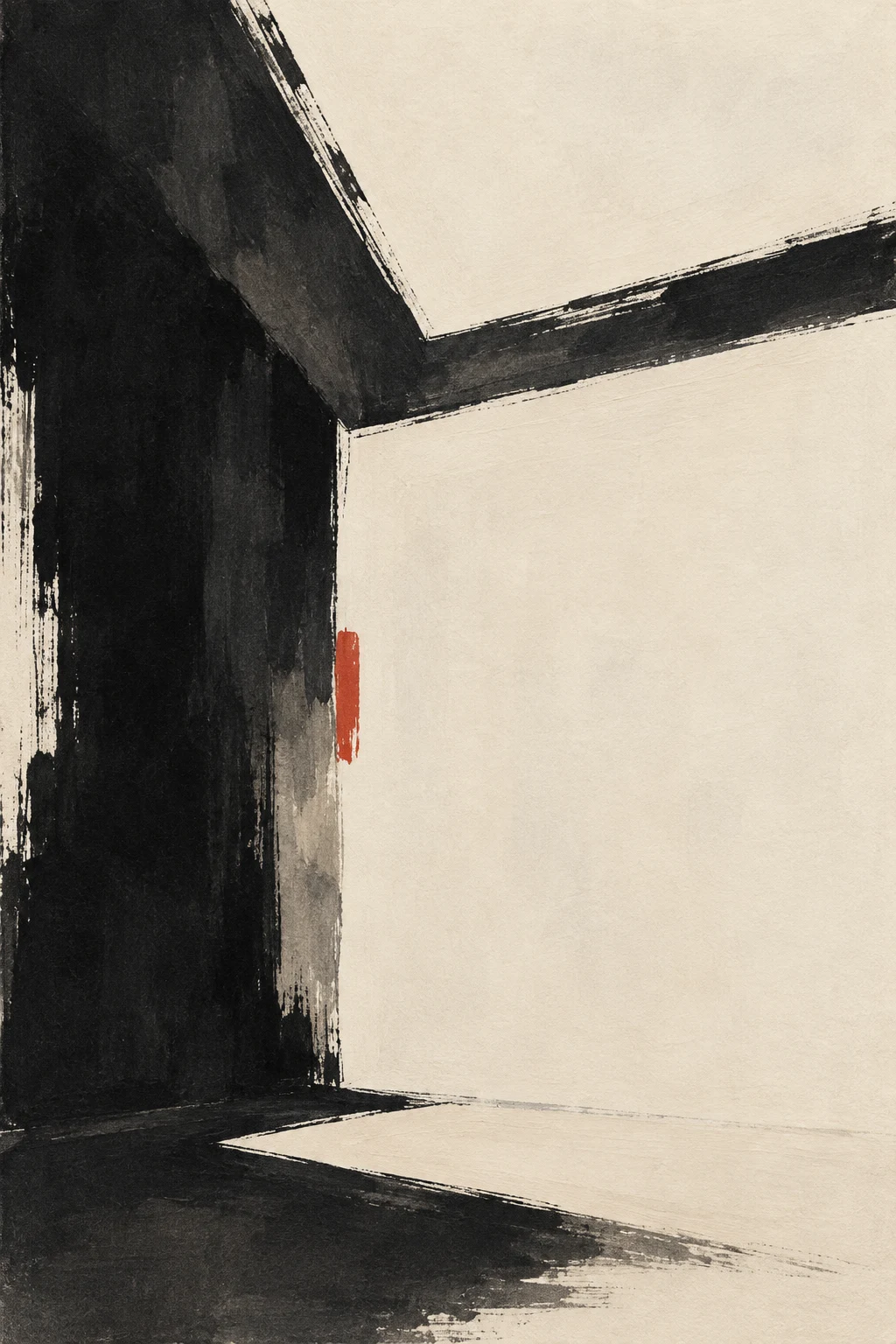 A skylight over a bare room in cream, black, charcoal, gray; portrait artwork.