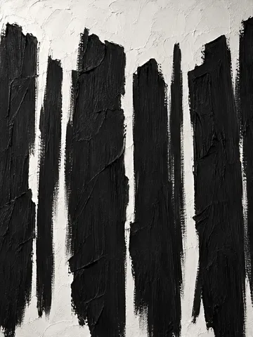 Tall uneven black painted strokes separated by narrow white gaps on a textured pale ground.
