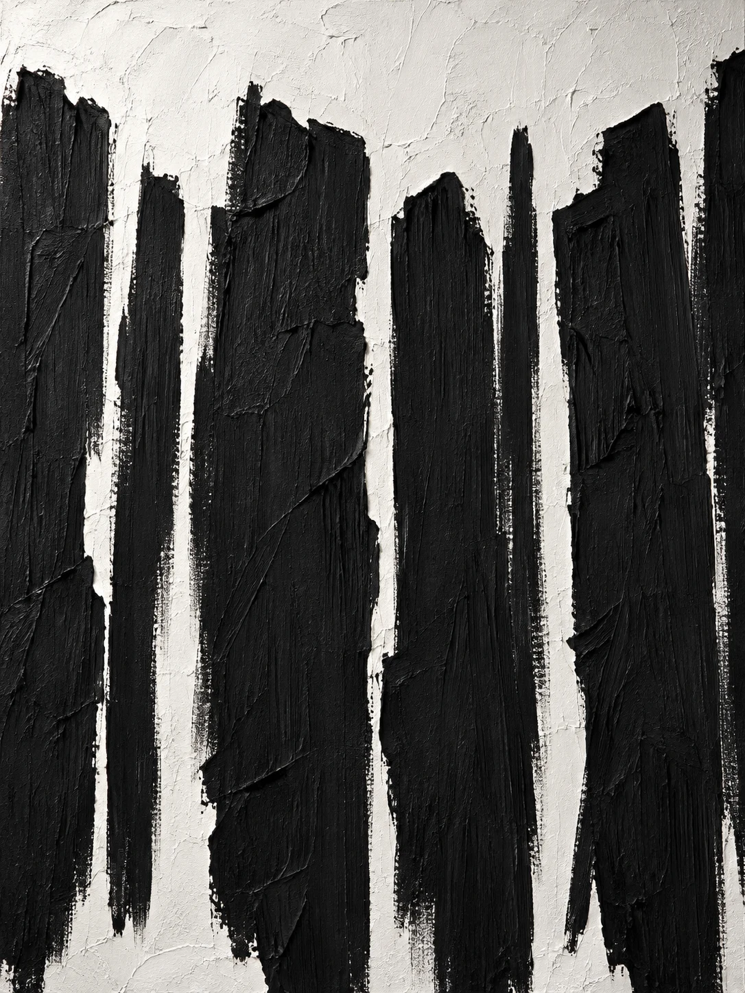 Tall uneven black painted strokes separated by narrow white gaps on a textured pale ground.