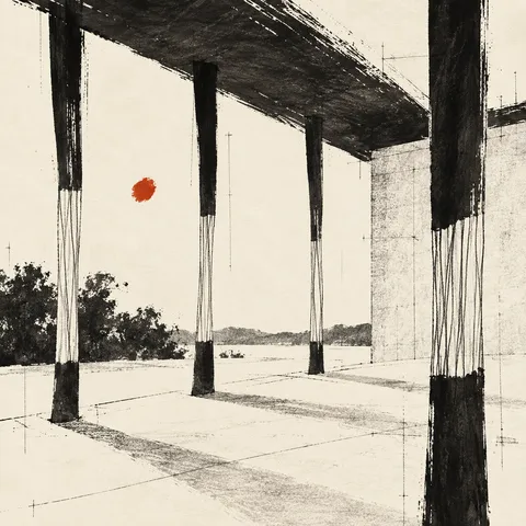 A porch with slender columns in cream, white, black, charcoal; square artwork.