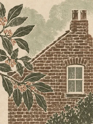 A brick gable end in taupe, stone, sage, olive; portrait artwork.