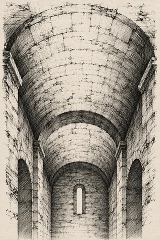 A barrel vault ceiling in cream, gray, charcoal, stone; portrait artwork.
