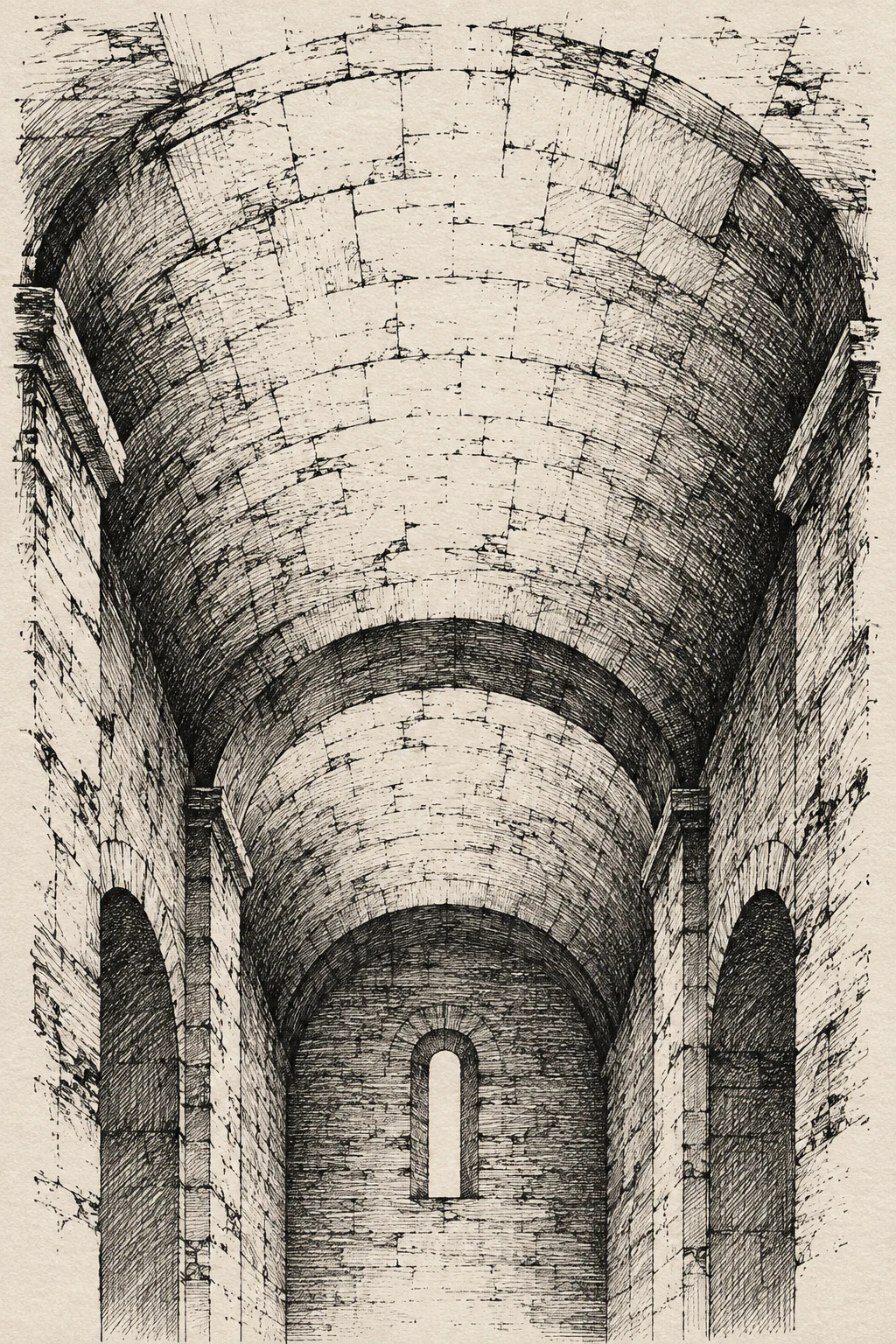 A barrel vault ceiling in cream, gray, charcoal, stone; portrait artwork.