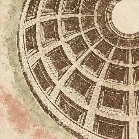 A domed ceiling coffer study in cream, sand, olive, stone; square artwork.