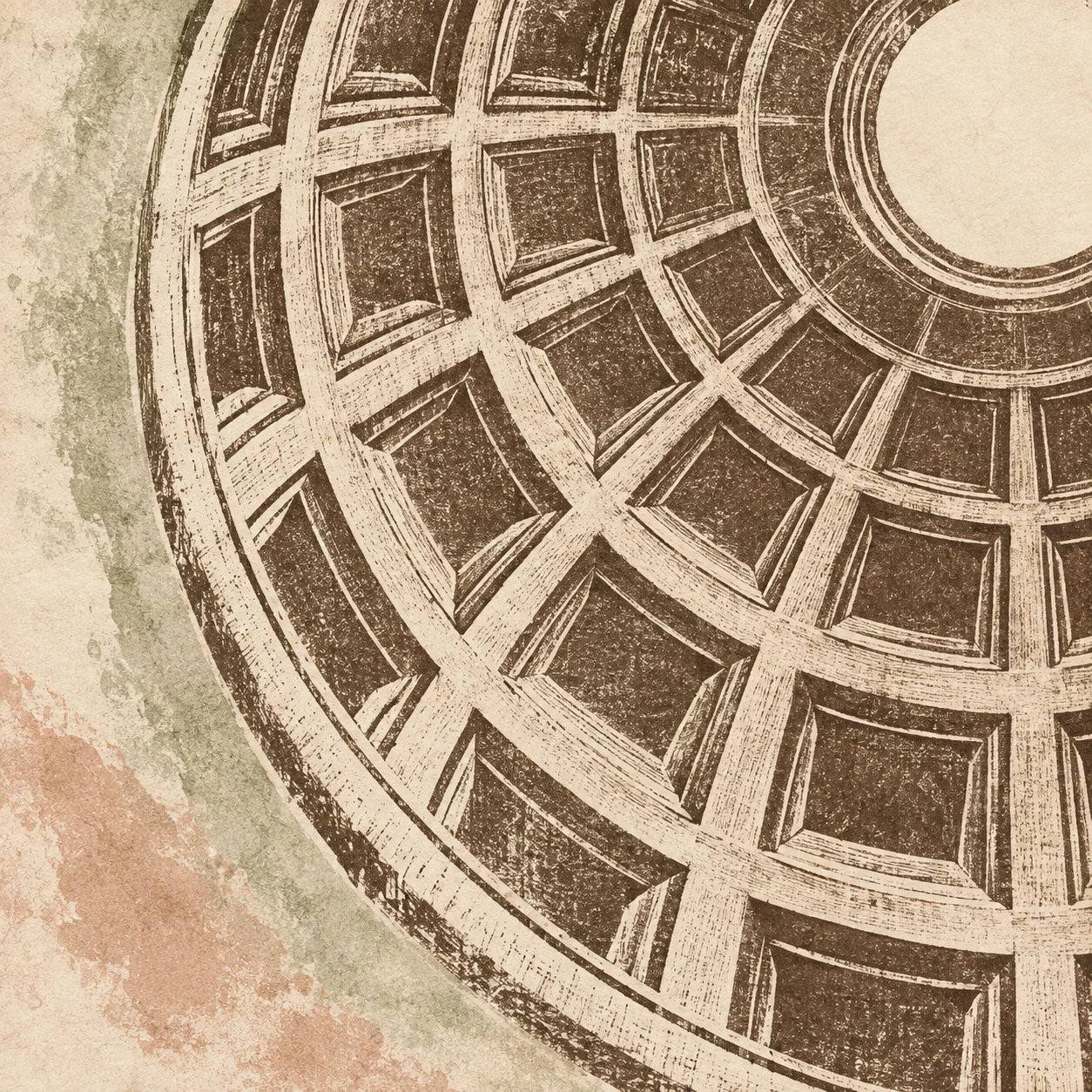 A domed ceiling coffer study in cream, sand, olive, stone; square artwork.