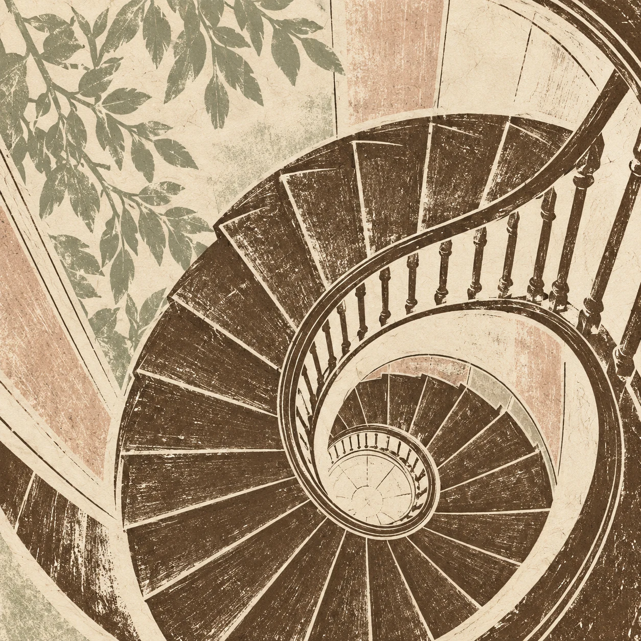 A spiral stair from above in brown, cream, stone, taupe; square artwork.