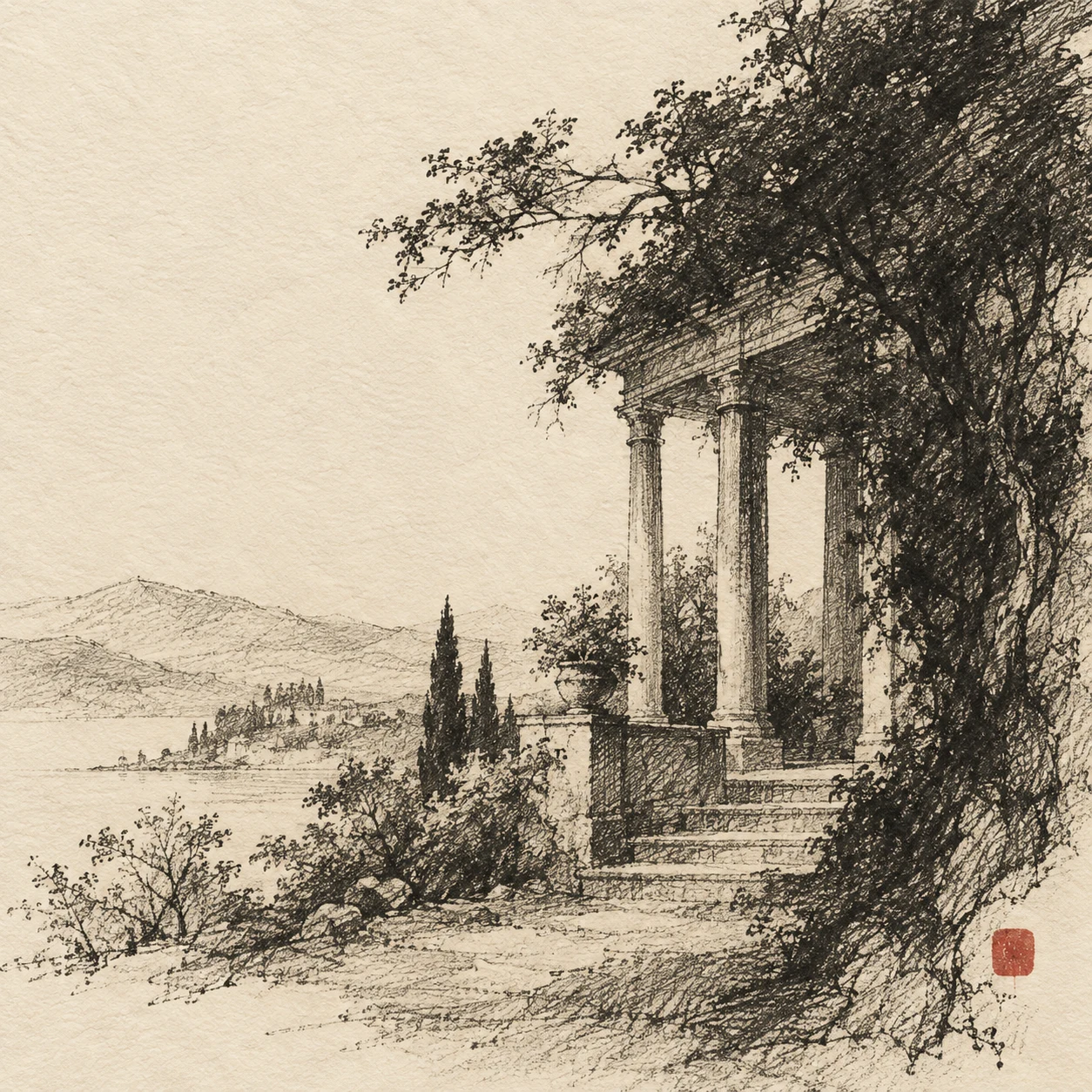 A porch with slender columns in cream, charcoal, brown, stone; square artwork.