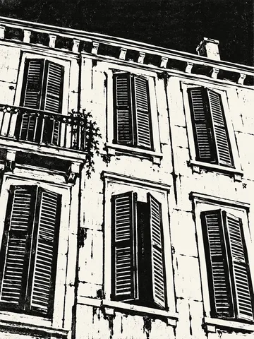 A row of tall shuttered windows in charcoal, black, white, gray; portrait artwork.